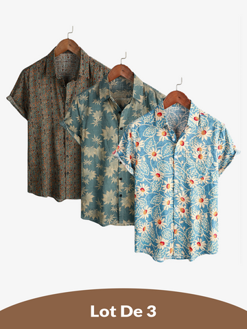 3er-Set | Retro-Herrenhemd aus Baumwolle mit hawaiianischem Blumenmuster